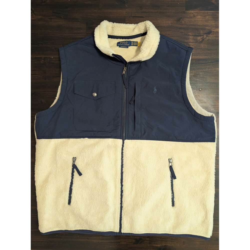 Polo Ralph Lauren Hybrid Sherpa Fleece Vest Navy Cream Wind-Blocking Mens XXL